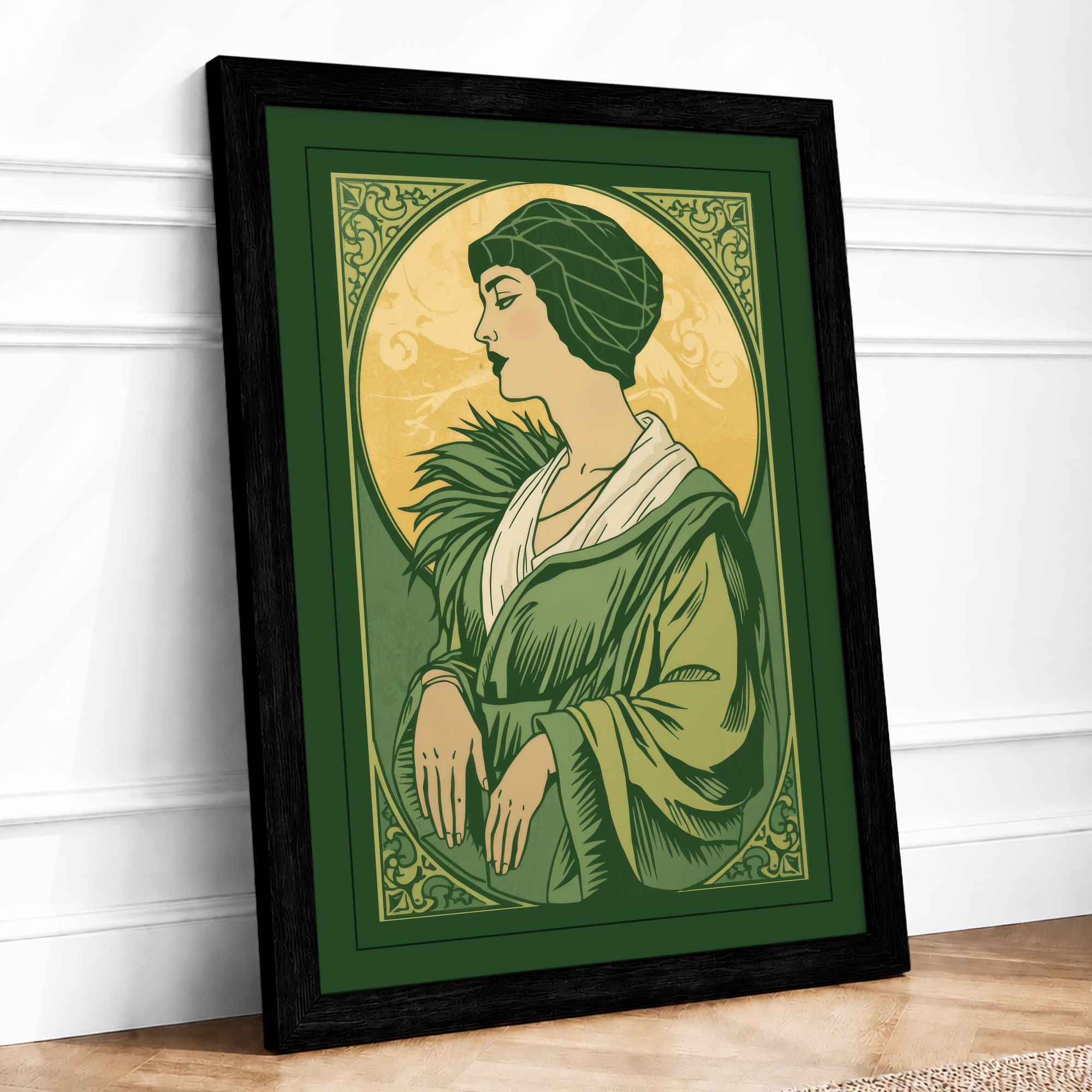 Art Nouveau Portrait in Gold Art Deco Framed Wall Art Print Ready to Hang