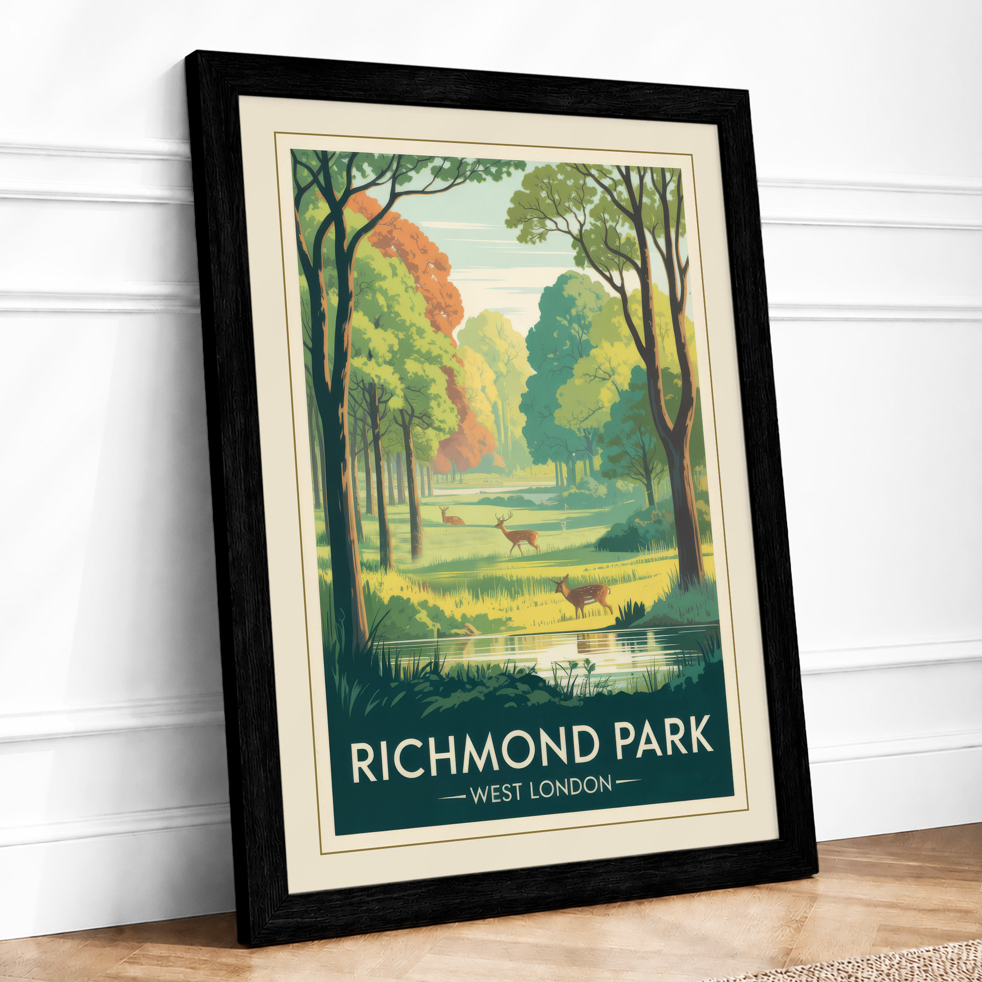 Postkarte aus Richmond Park Vintage gerahmter Wandkunstdruck fertig zum Aufhängen
